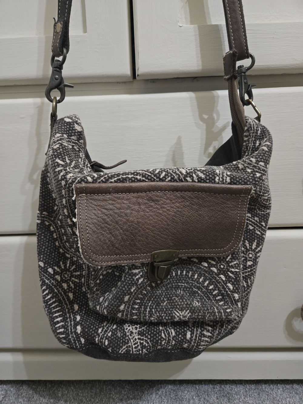 Myra Bag: Charcoal & Brown Patterned Canvas Crossbody Bag with Leather Flap